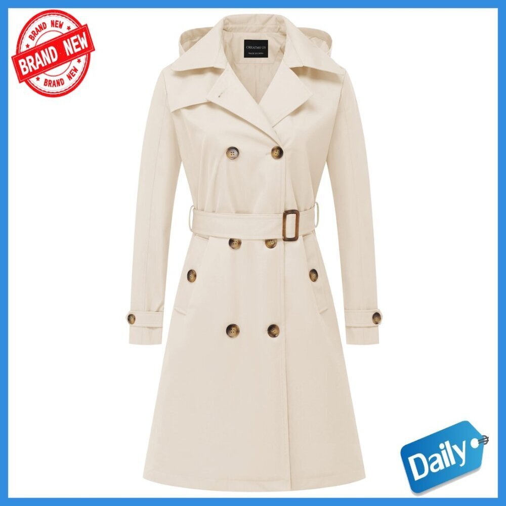 Knee-Length Trench Coat with Detachable Hood Slim Fit Waterproof